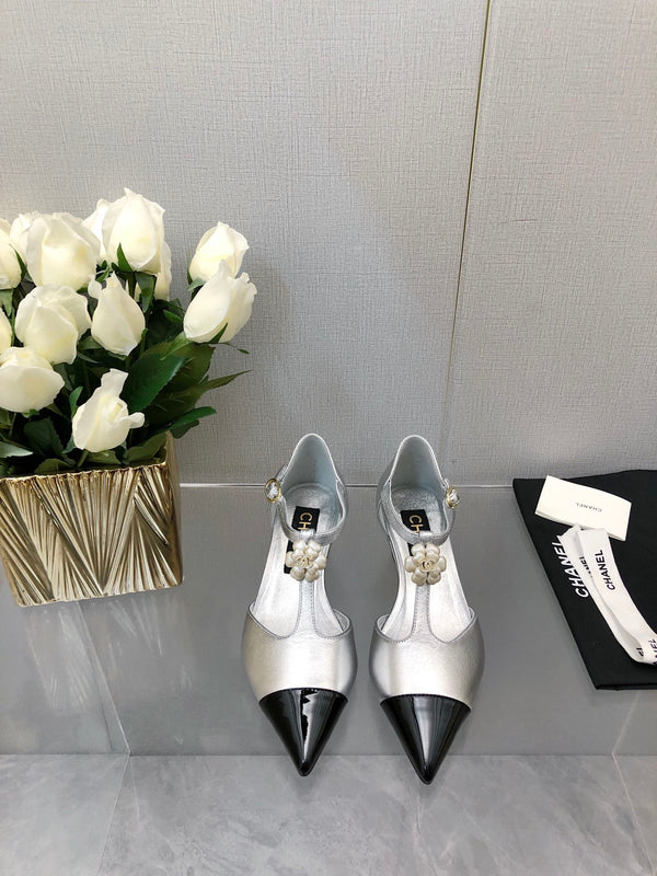 CAMELLIA CAP JANE SANDALS IN SILVER MIX BLACK LAMBSKIN