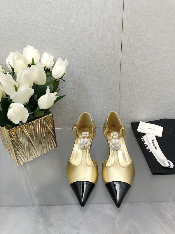 CAMELLIA CAP JANE SANDALS IN GOLD MIX BLACK LAMBSKIN