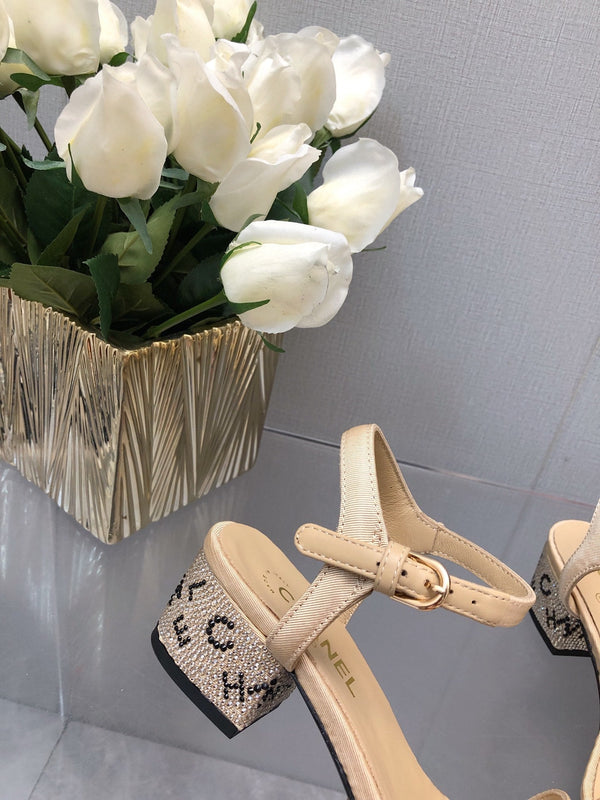 BLOCK HEEL WITH CRYSTAL 5 CM SANDAL IN SAND BROWN FABRIC