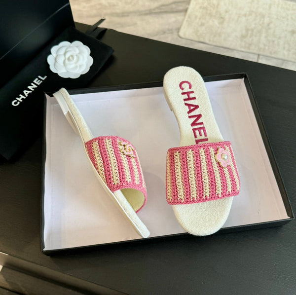 cc mule sandal striped pink beige satin fabric