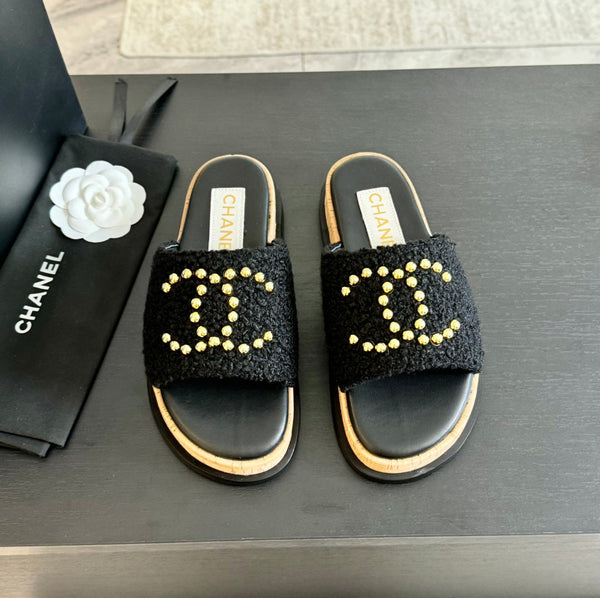 CC 25C Slippers Black Satin Fabric 212979