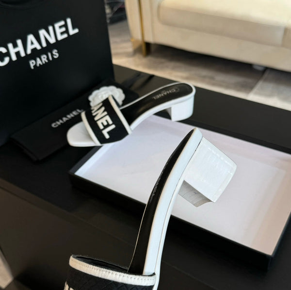 mule sandal 45 black white fabric embroidery