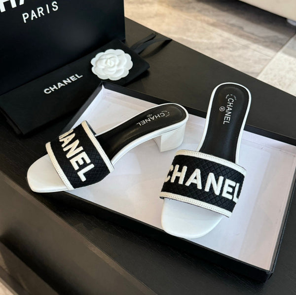 mule sandal 45 black white fabric embroidery