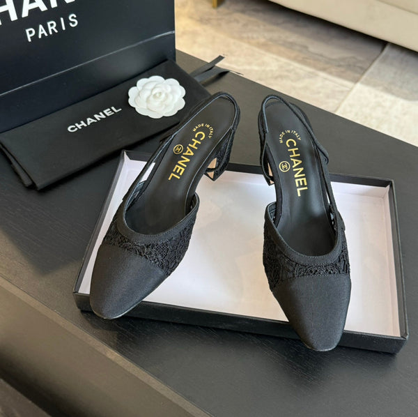 slingbacks 65 black lace grosgrain