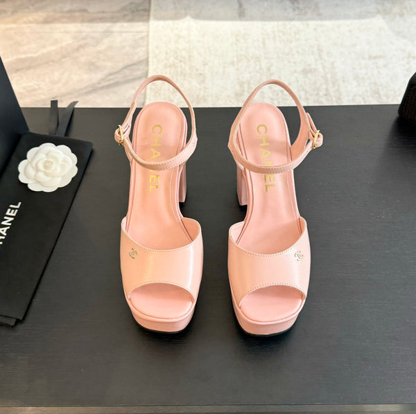 HIGH HEEL PLATFORM SANDALS IN PEACH PINK CALFSKIN