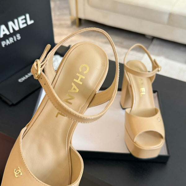 HIGH HEEL PLATFORM SANDALS IN SAND YELLOW CALFSKIN