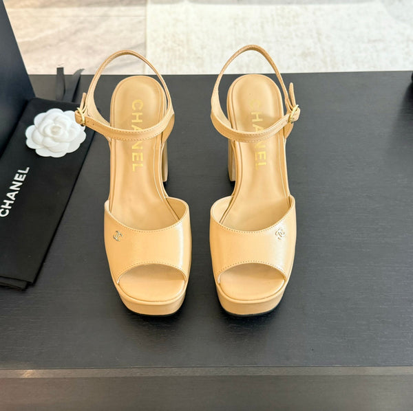 HIGH HEEL PLATFORM SANDALS IN SAND YELLOW CALFSKIN