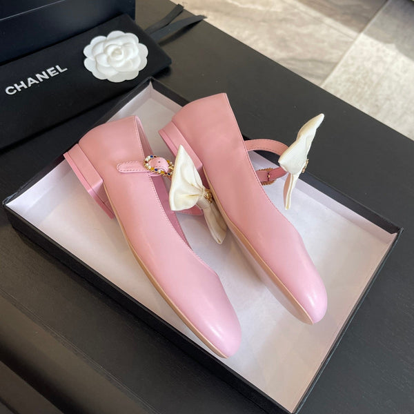 BALLERINA IN PELLE DI AGNELLO ROSA CHIARO CON FIOCCO BIANCO