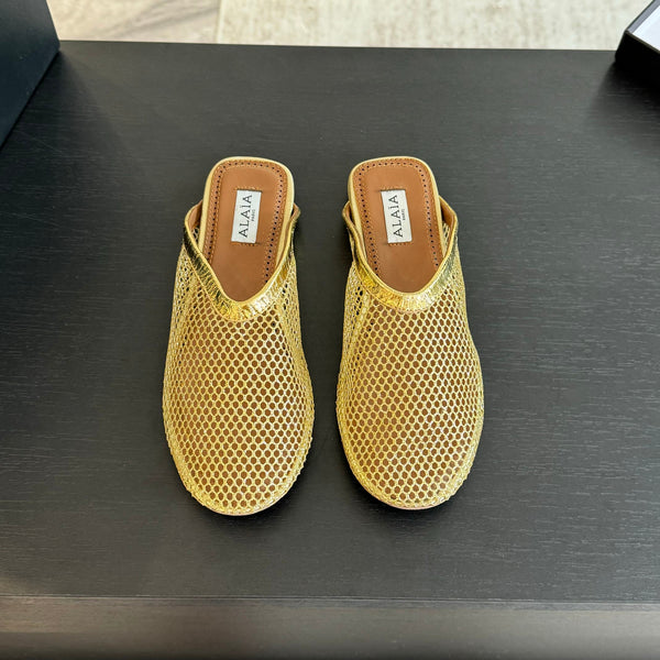 mulo piatto in rete color oro metallizzato in pelle di agnello