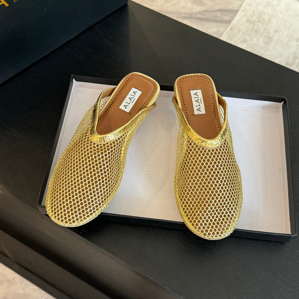 flat mule fishnet gold metalic lambskin