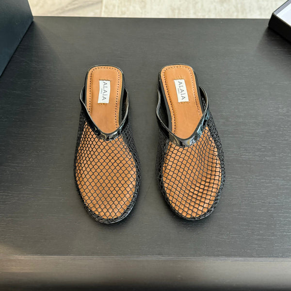 mulo piatto a rete in pelle di agnello nera