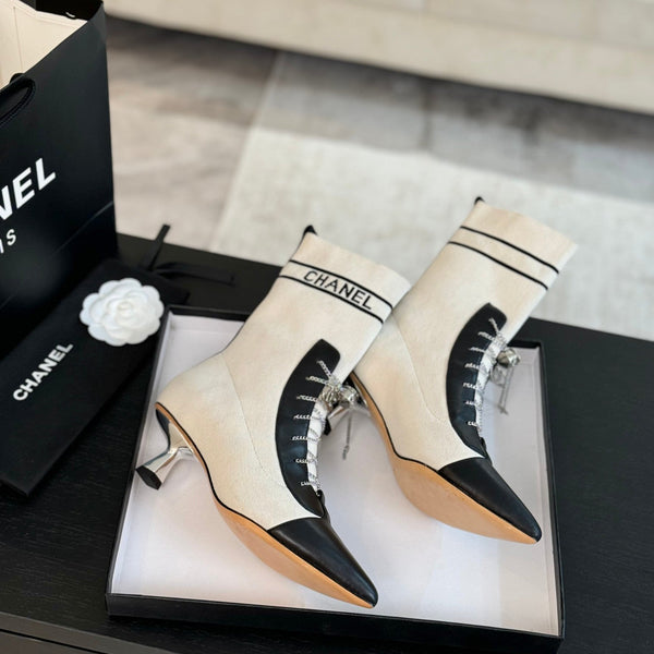 CC Ankle Boots White Black Chain Wool And Lambskin