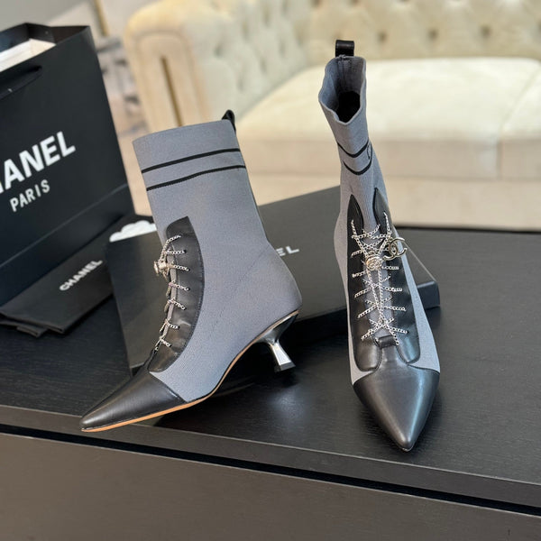 CC Ankle Boots Grey Black Chain Wool And Lambskin