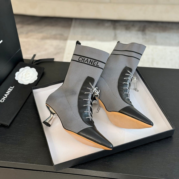 CC Ankle Boots Grey Black Chain Wool And Lambskin