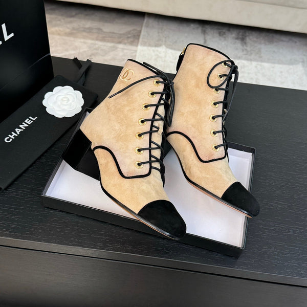 STIVALI CORTI CC CON LACCI IN CAMOSCIO NERO MISTO BEIGE SEPPIA