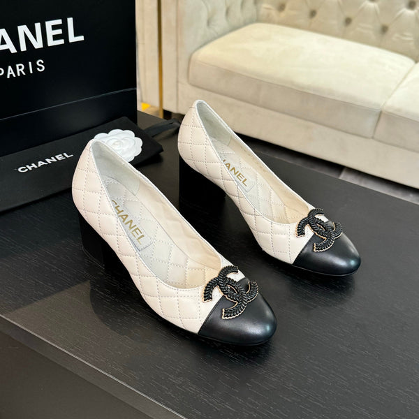 ballet flat with high heel 7cm white black quilted lambskin