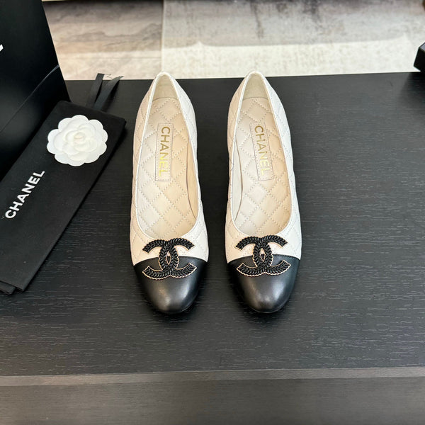 ballet flat with high heel 7cm white black quilted lambskin