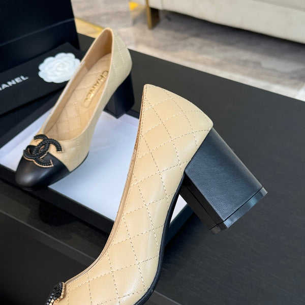 ballet flat with high heel 7cm beige black quilted lambskin