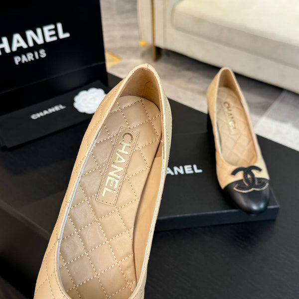 ballet flat with high heel 7cm beige black quilted lambskin