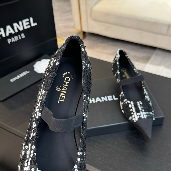 mary jane 35 pointed toe black white tweed sequin