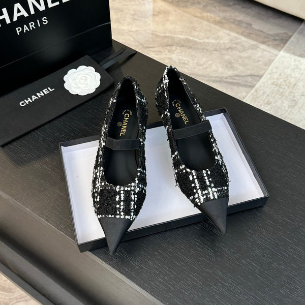 mary jane 35 pointed toe black white tweed sequin