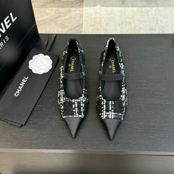 mary jane 35 pointed toe black white tweed sequin