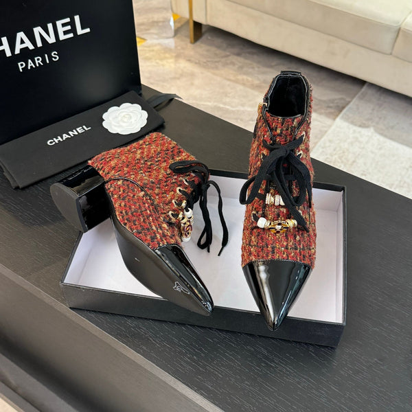 CC Ankle Boots Orange Red Beaded Tweed Fabric And Lambskin