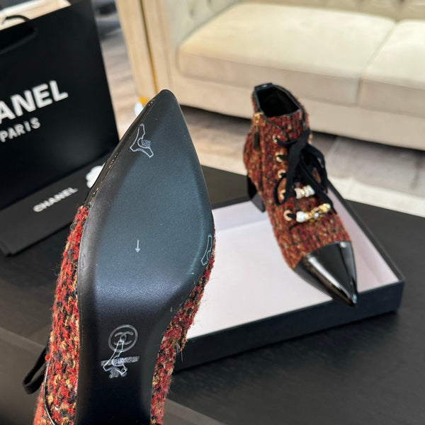 CC Ankle Boots Orange Red Beaded Tweed Fabric And Lambskin