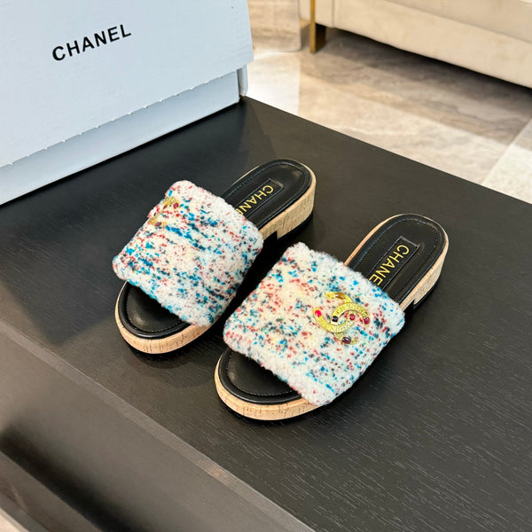 CC Slippers White Black And Blue Red Wool And Calfskin