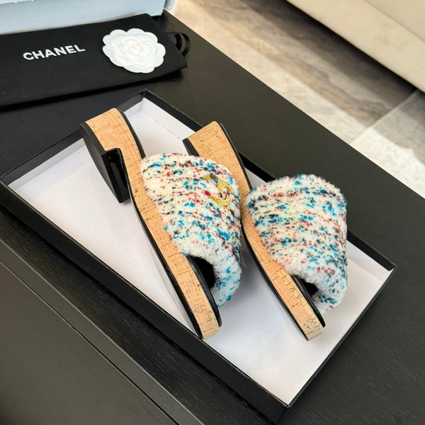 CC Slippers White Black And Blue Red Wool And Calfskin