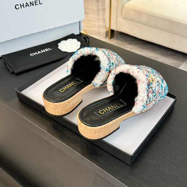 CC Slippers White Black And Blue Red Wool And Calfskin