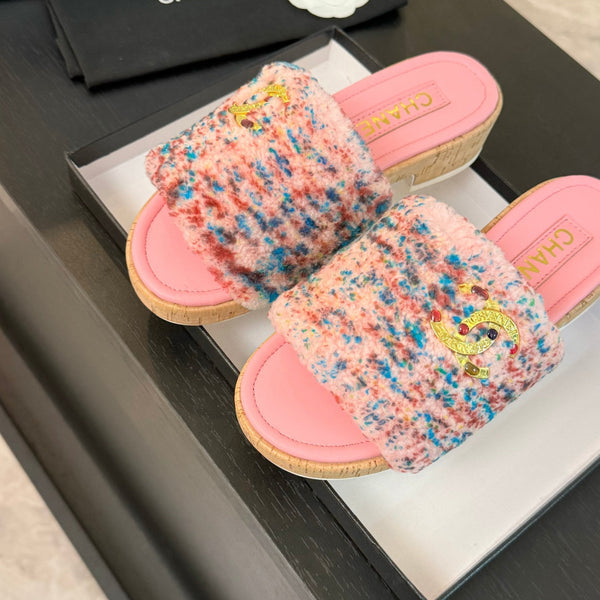 CC Slippers Pink Mix Blue Red Wool And Calfskin