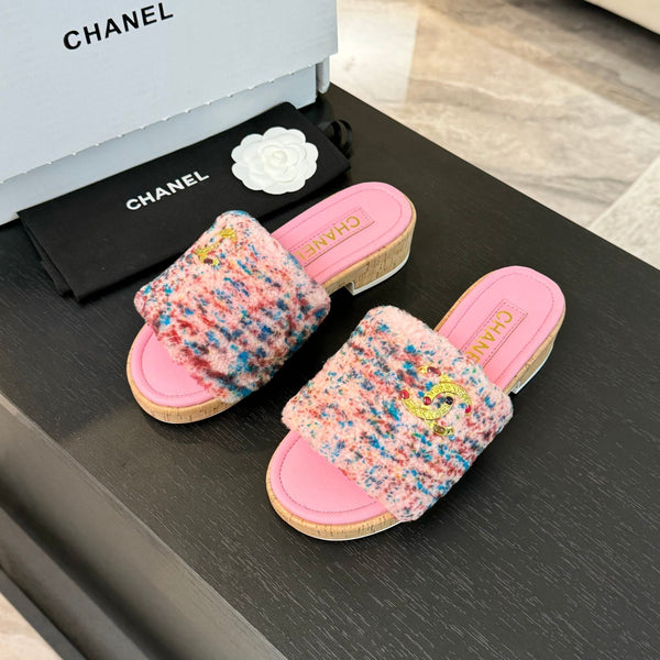 CC Slippers Pink Mix Blue Red Wool And Calfskin