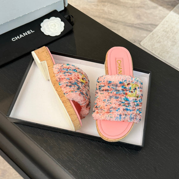 CC Slippers Pink Mix Blue Red Wool And Calfskin