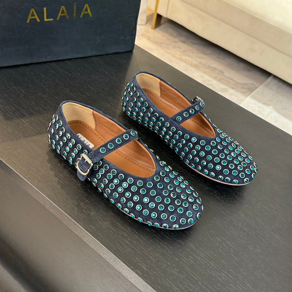 Alaia Strass Ballet Flats In Deep Blue Suede Stone 935185