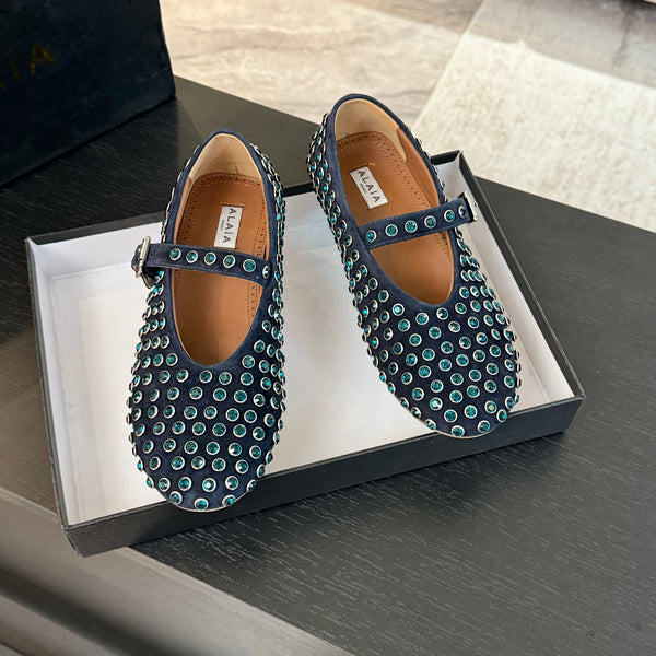 Alaia Strass Ballet Flats In Deep Blue Suede Stone 935185