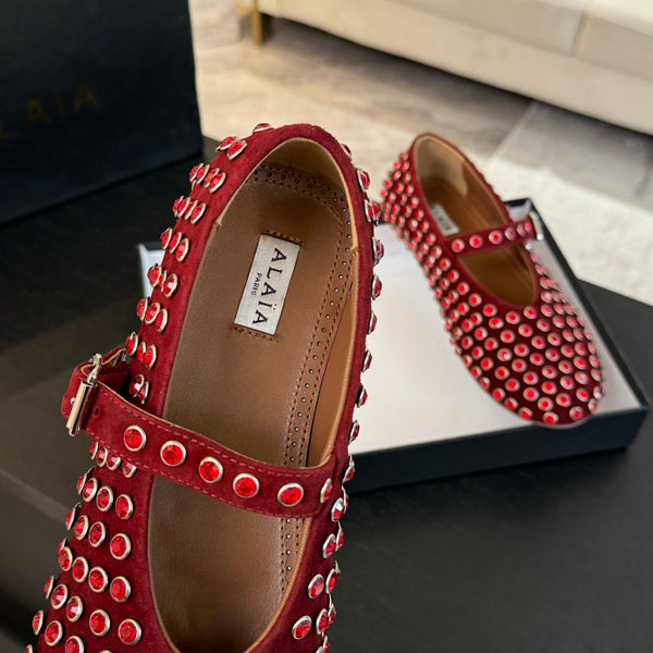 Alaia Strass Ballet Flats In Red Suede Stone 935189