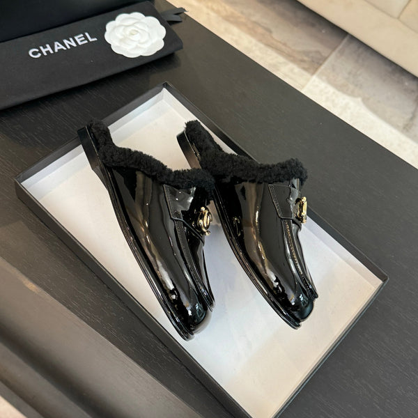 CC Mule Black Patent Calfskin Lamb Wool