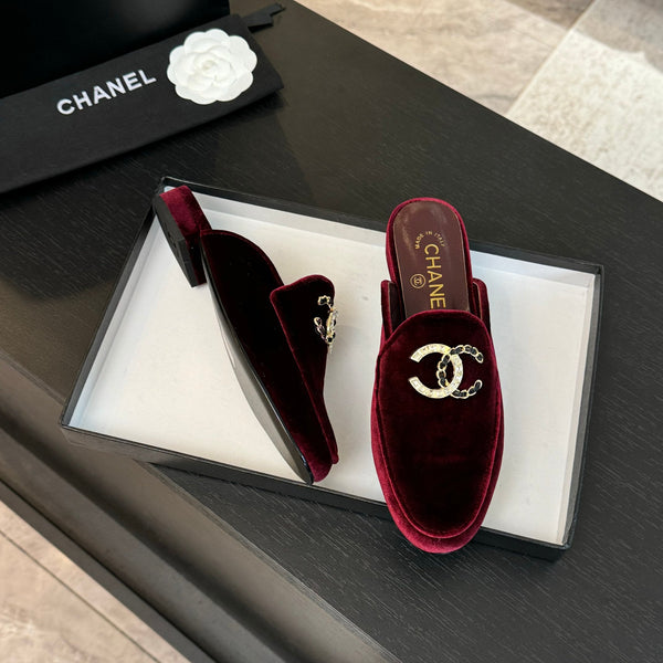 CC Mule Dark Red Velvet Double C Diamond