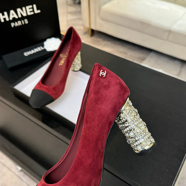 HIGH HEEL 85 MM SANDALS IN RUBY RED SUEDE AND BLACK FABRIC