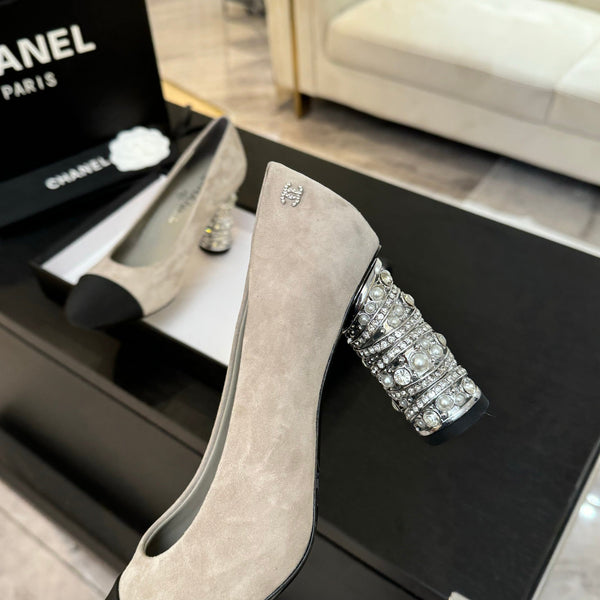 HIGH HEEL 85 MM SANDALS IN PALE GRAY SUEDE AND BLACK FABRIC