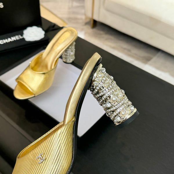 T-STRAP PEARL HEEL 85 MM SANDALS IN GOLD LAMBSKIN MULE