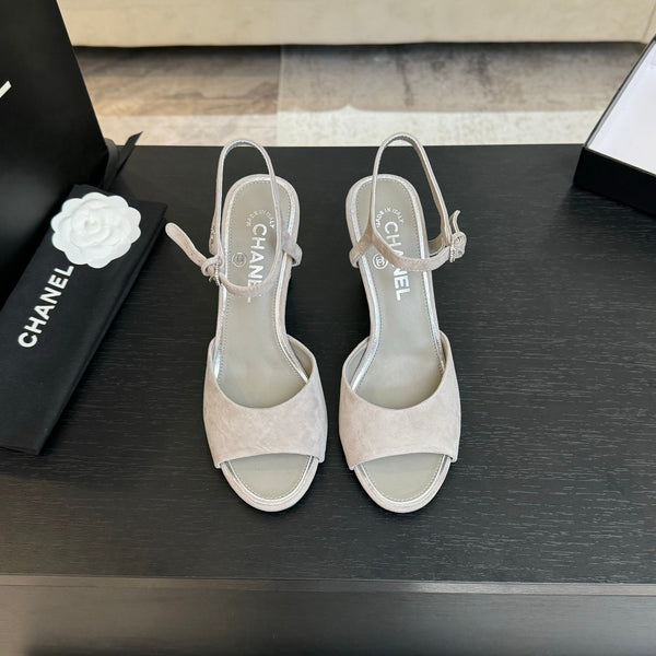 T-STRAP PEARL HEEL 85 MM SANDALS IN PASTEL GRAY SUEDE