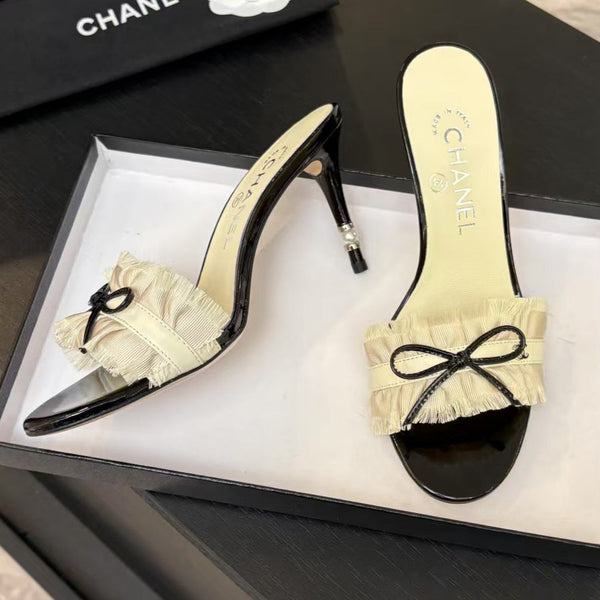 CC 25 Camellia Sandals Beige Black Silk Satin Lambskin 251720