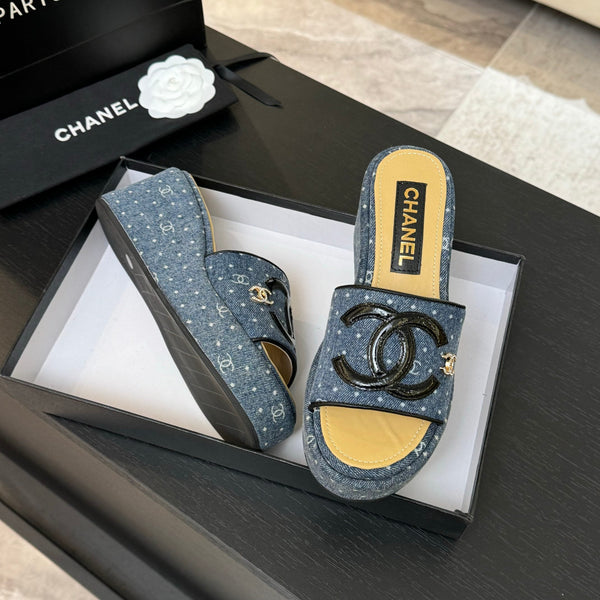 CC 25C Platform Slide Sandals Navy Blue Fabric 213158