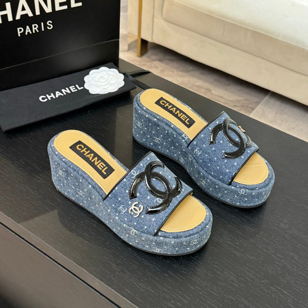 CC 25C Platform Slide Sandals Navy Blue Fabric 213158