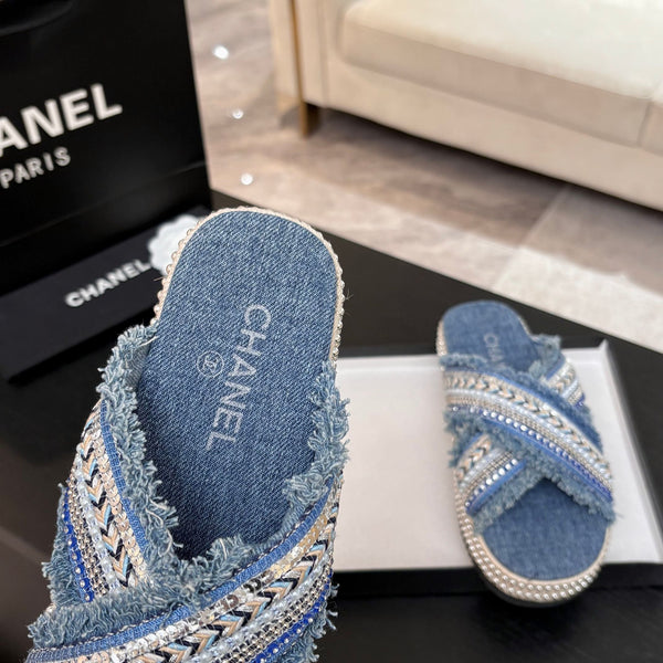 CC 25C Thick-Soled Slipper In Black Denim Steel Blue Fabric 213232