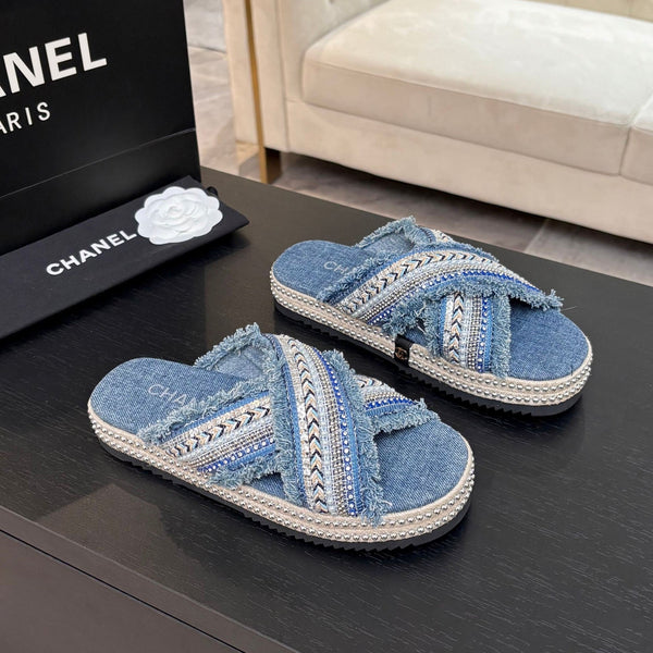 CC 25C Thick-Soled Slipper In Black Denim Steel Blue Fabric 213232