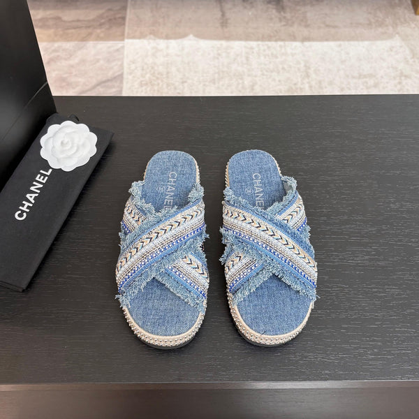 CC 25C Thick-Soled Slipper In Black Denim Steel Blue Fabric 213232