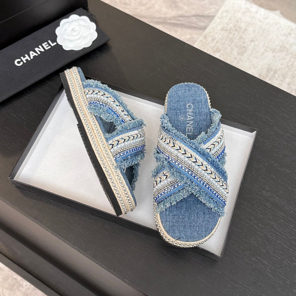 CC 25C Thick-Soled Slipper In Black Denim Steel Blue Fabric 213232